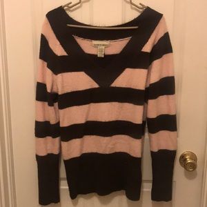 Deep V neck pink & brown striped sweater